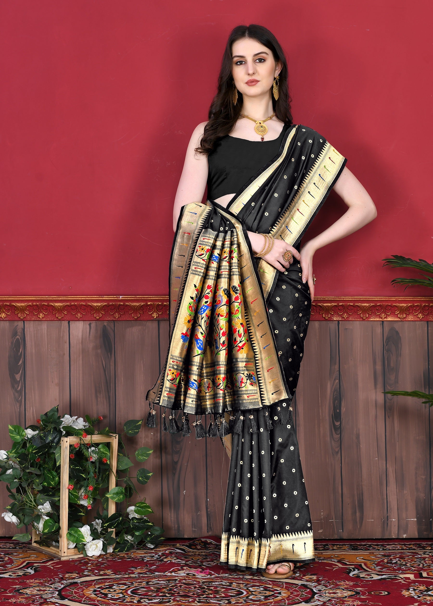 Vedant Vastram Soft Litchi Silk Paithani Silk Saree - Black - Distacart