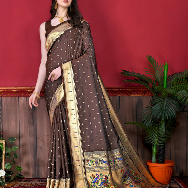 Vedant Vastram Soft Litchi Silk Paithani Silk Saree - Brown - Distacart
