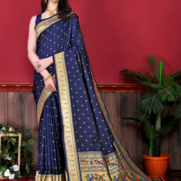 Vedant Vastram Soft Litchi Silk Paithani Silk Saree - Navy - Distacart