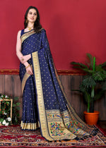 Thumbnail for Vedant Vastram Soft Litchi Silk Paithani Silk Saree - Navy - Distacart