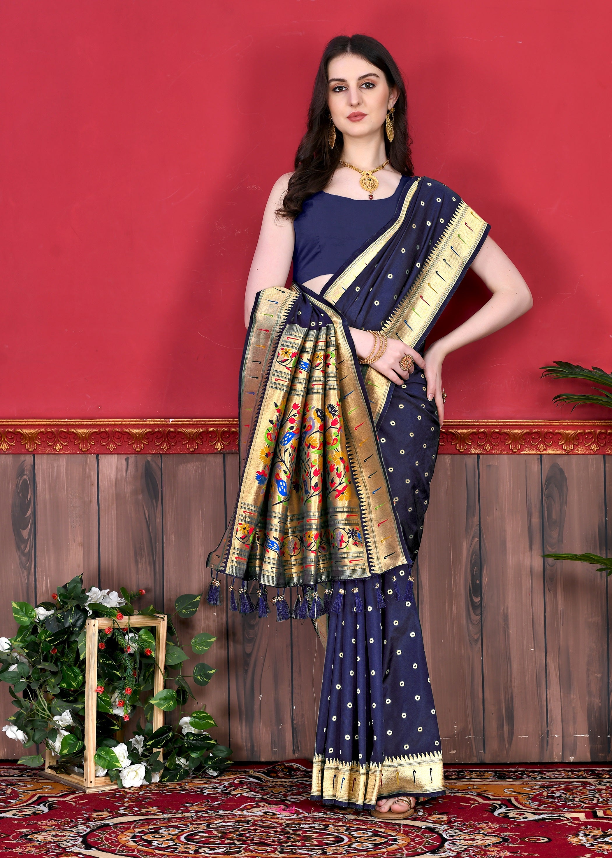 Vedant Vastram Soft Litchi Silk Paithani Silk Saree - Navy - Distacart