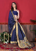 Thumbnail for Vedant Vastram Soft Litchi Silk Paithani Silk Saree - Navy - Distacart