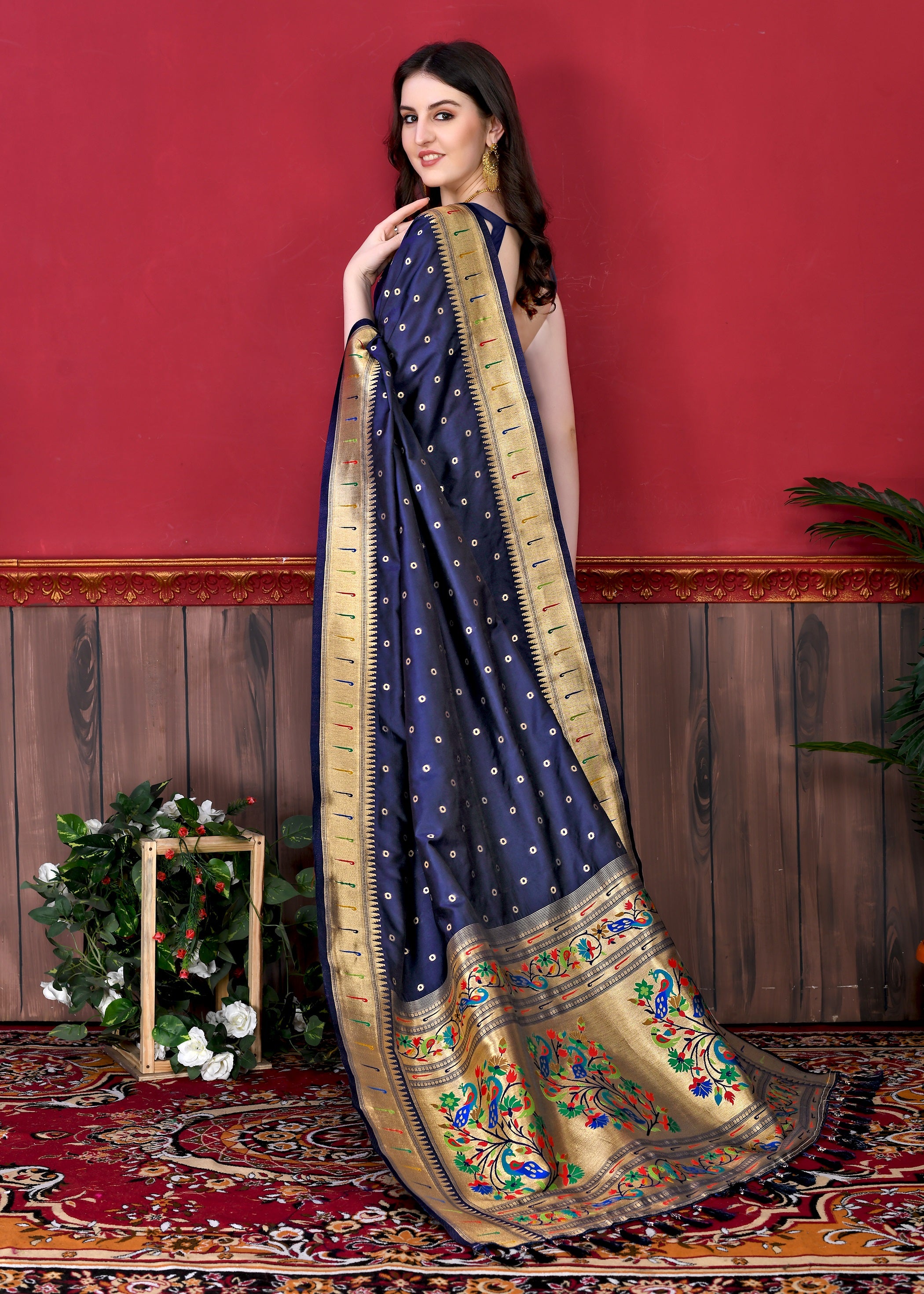 Vedant Vastram Soft Litchi Silk Paithani Silk Saree - Navy - Distacart