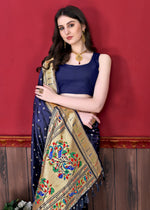 Thumbnail for Vedant Vastram Soft Litchi Silk Paithani Silk Saree - Navy - Distacart