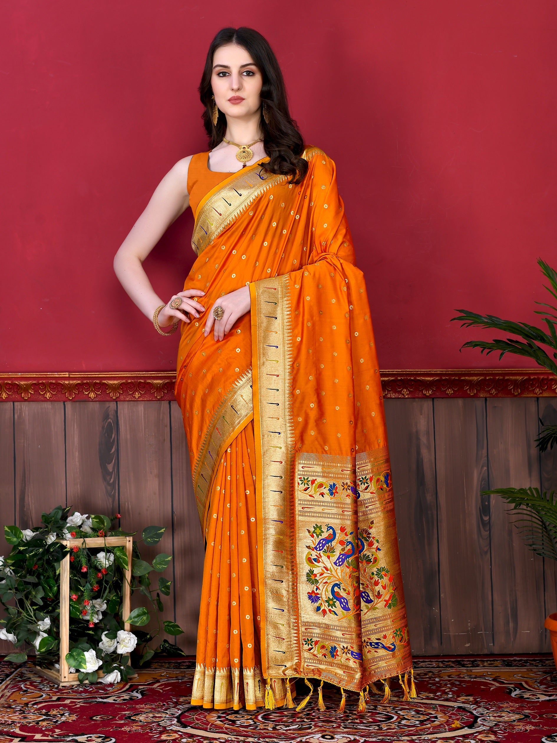 Vedant Vastram Soft Litchi Silk Paithani Silk Saree - Orange - Distacart