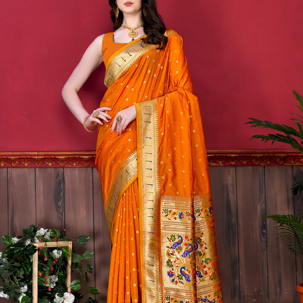Vedant Vastram Soft Litchi Silk Paithani Silk Saree - Orange - Distacart