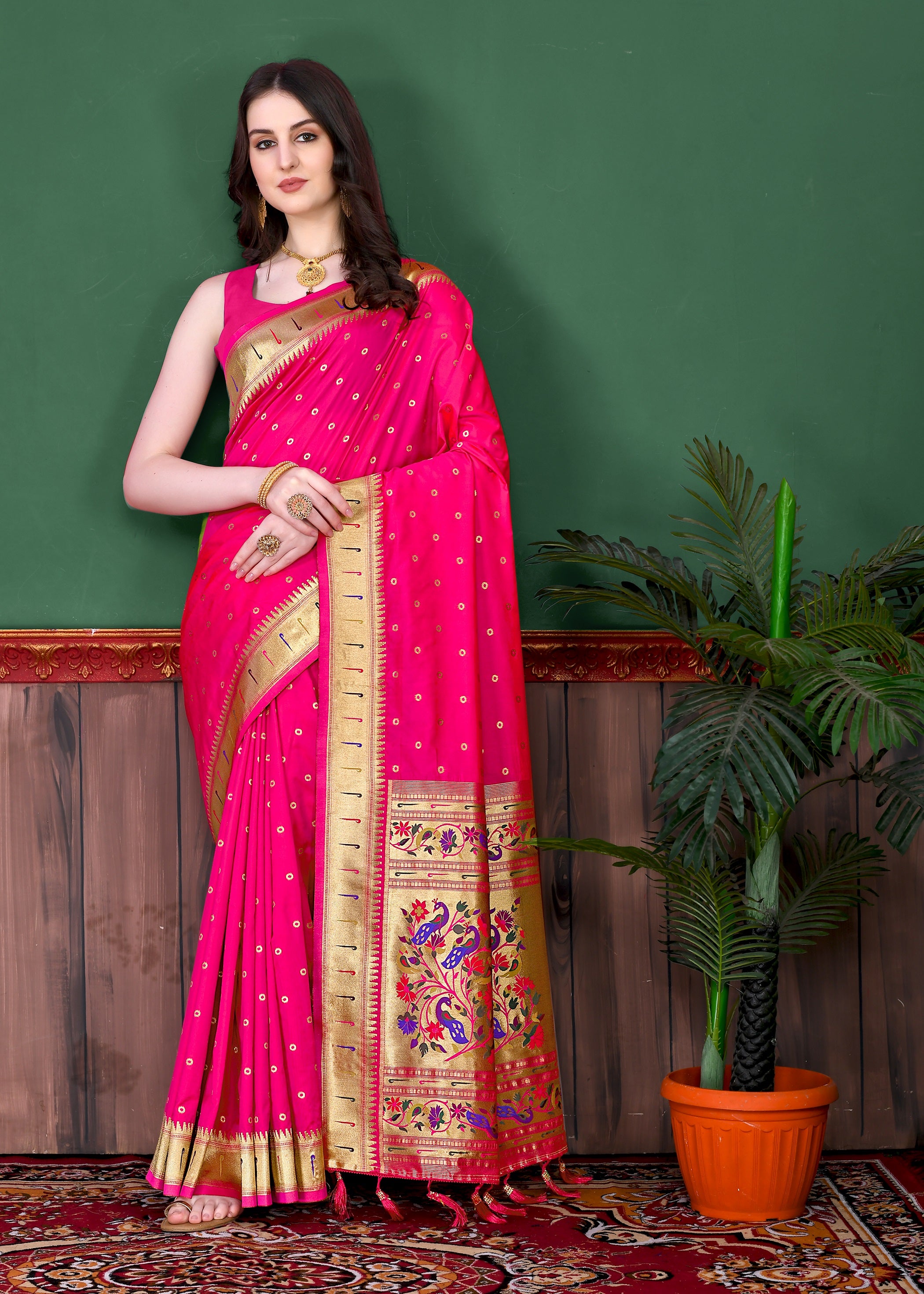 Vedant Vastram Soft Litchi Silk Paithani Silk Saree - Pink - Distacart