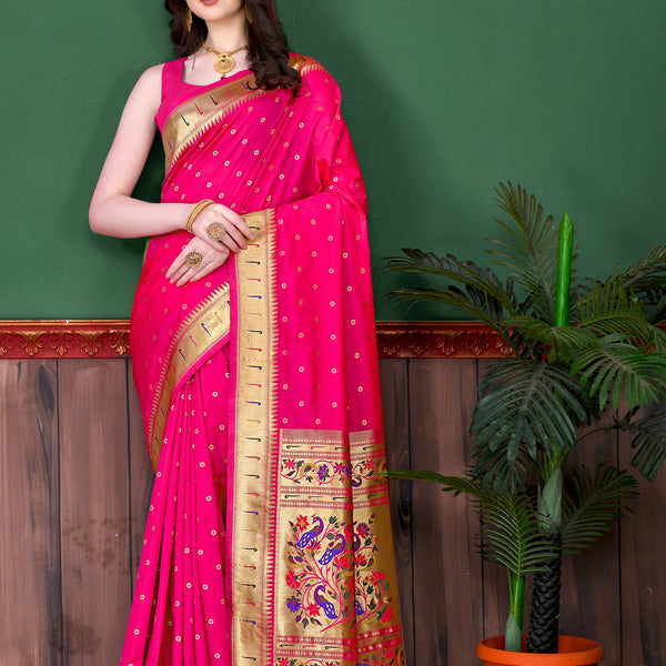 Vedant Vastram Soft Litchi Silk Paithani Silk Saree - Pink - Distacart