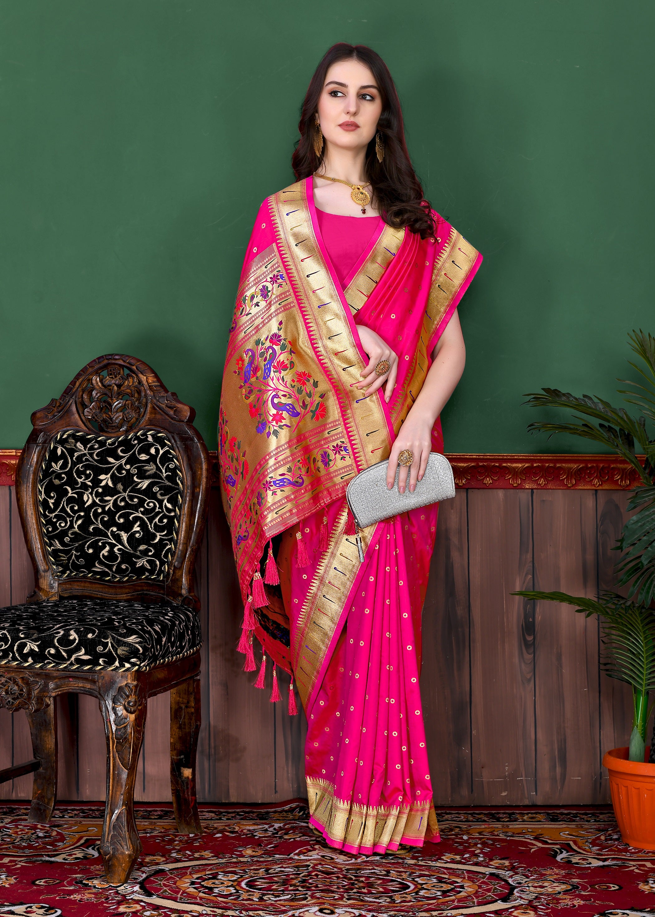 Vedant Vastram Soft Litchi Silk Paithani Silk Saree - Pink - Distacart