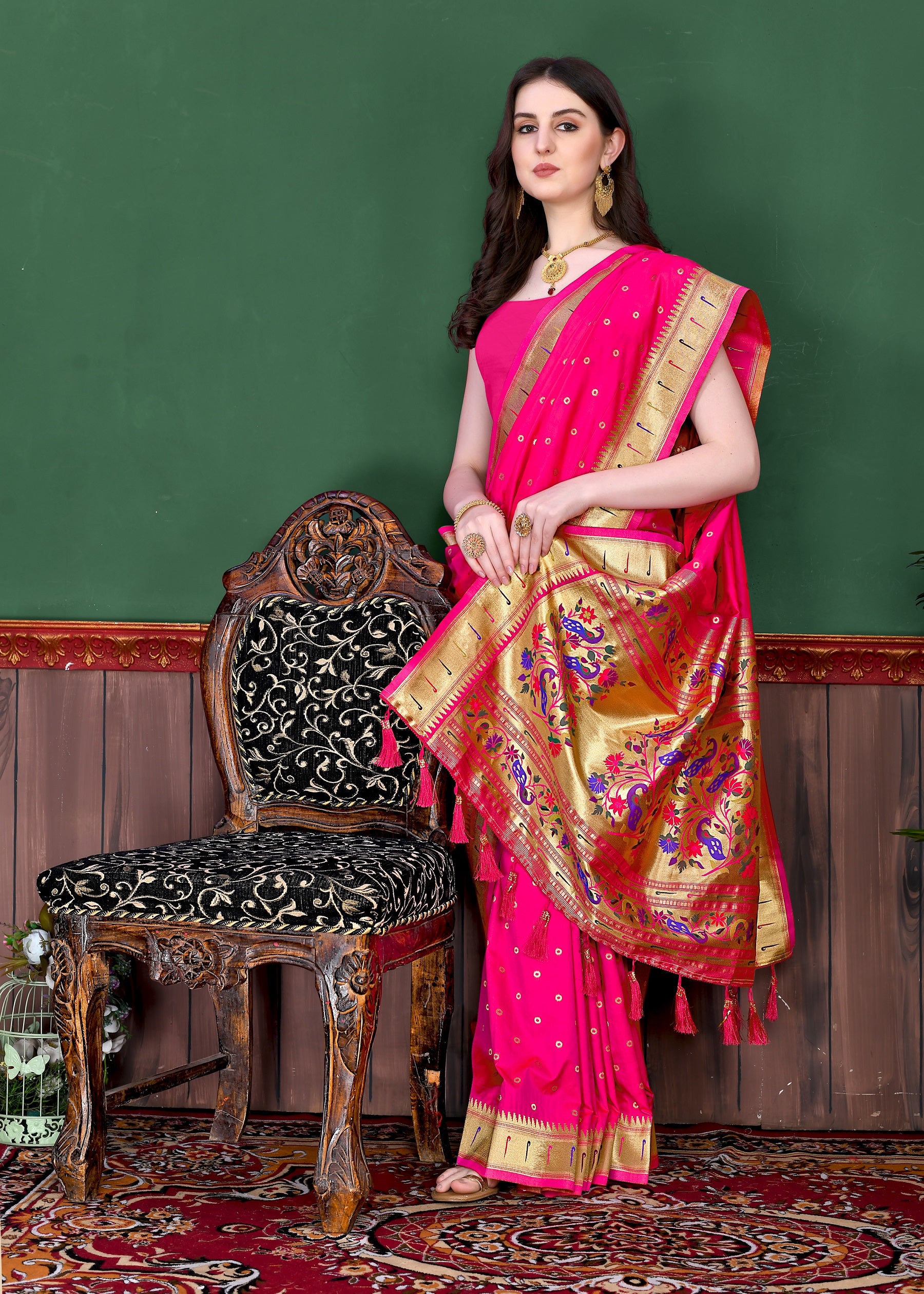 Vedant Vastram Soft Litchi Silk Paithani Silk Saree - Pink - Distacart