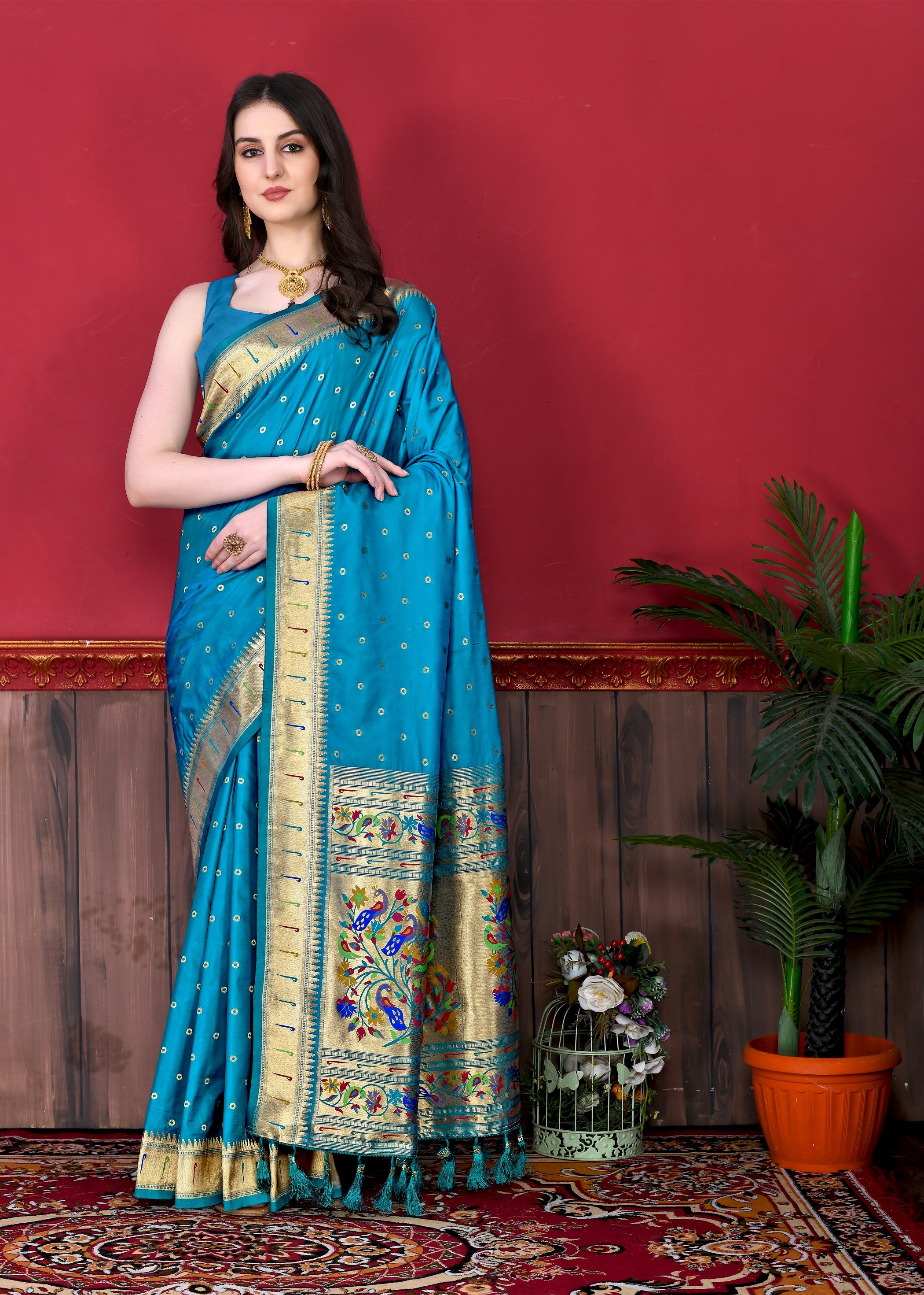 Vedant Vastram Soft Litchi Silk Paithani Silk Saree - Rama - Distacart