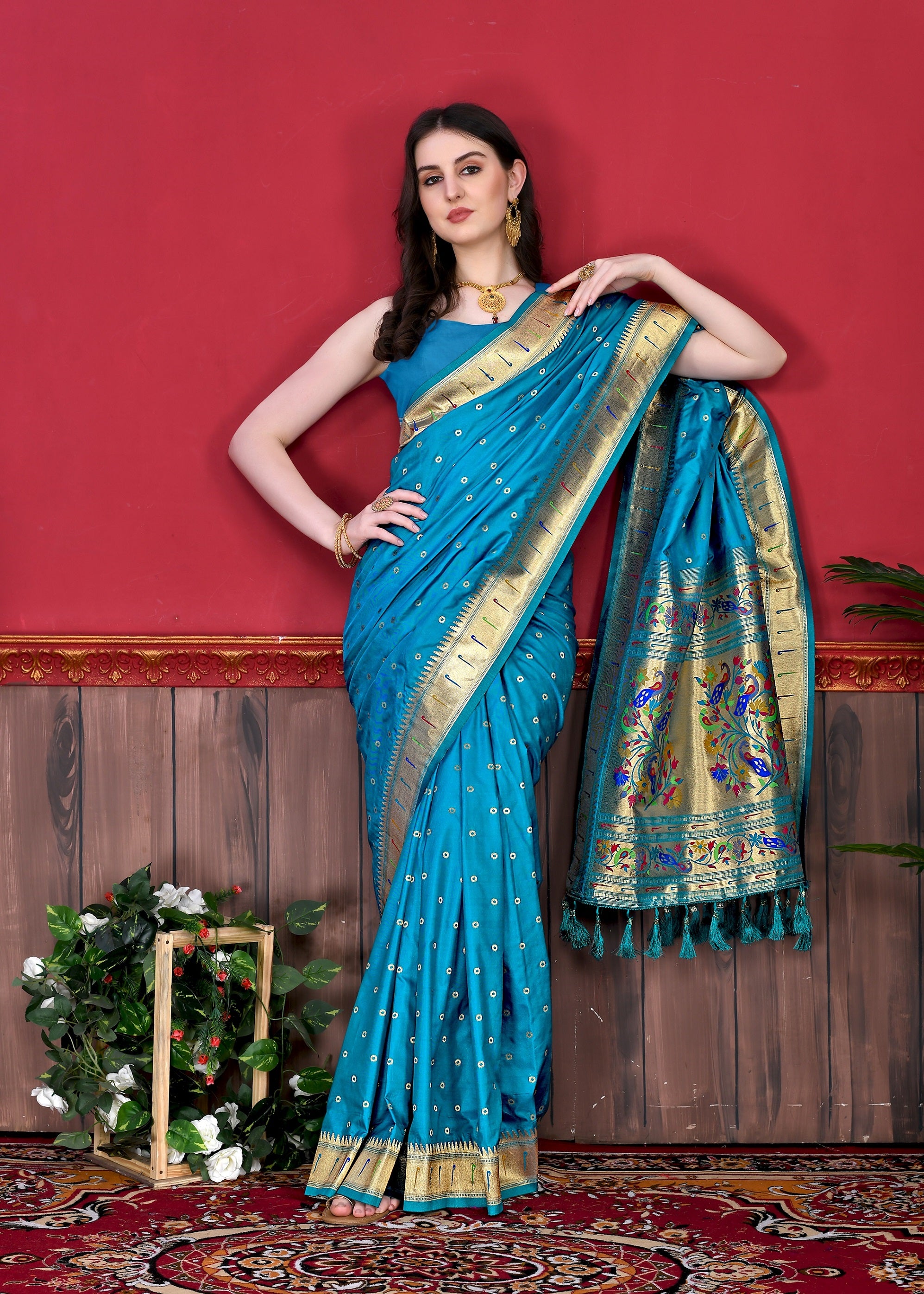 Vedant Vastram Soft Litchi Silk Paithani Silk Saree - Rama - Distacart