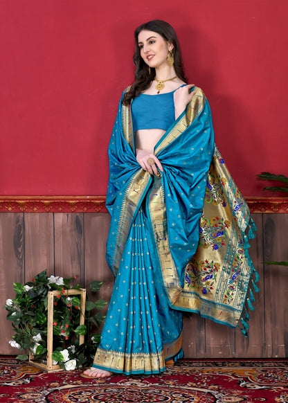 Vedant Vastram Soft Litchi Silk Paithani Silk Saree - Rama - Distacart