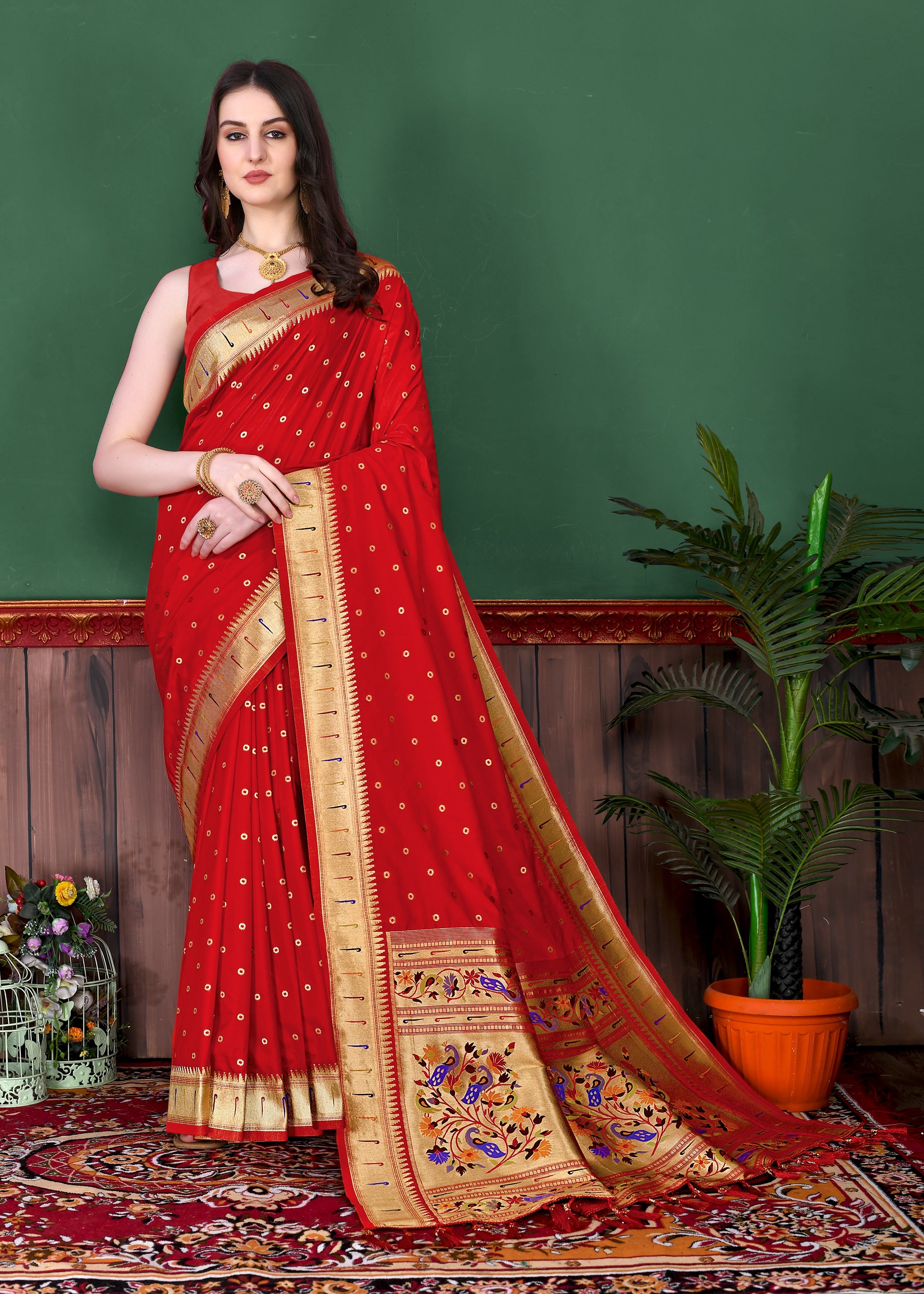 Vedant Vastram Soft Litchi Silk Paithani Silk Saree - Red - Distacart
