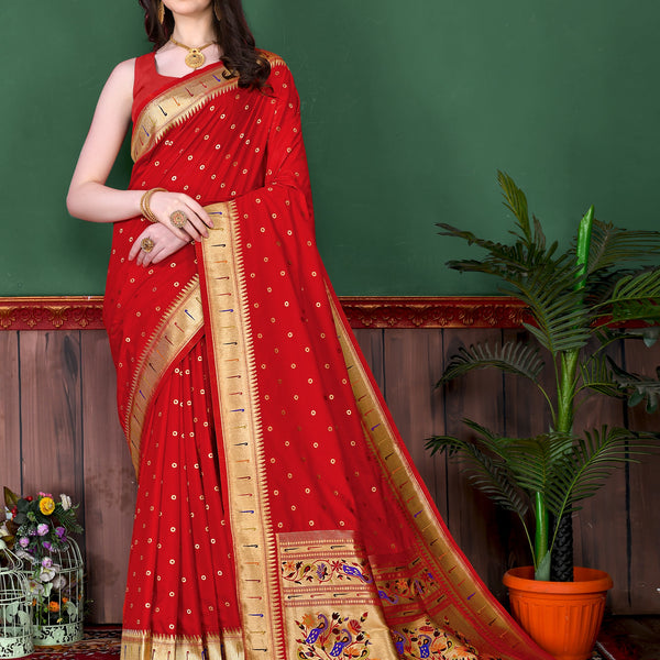 Vedant Vastram Soft Litchi Silk Paithani Silk Saree - Red - Distacart