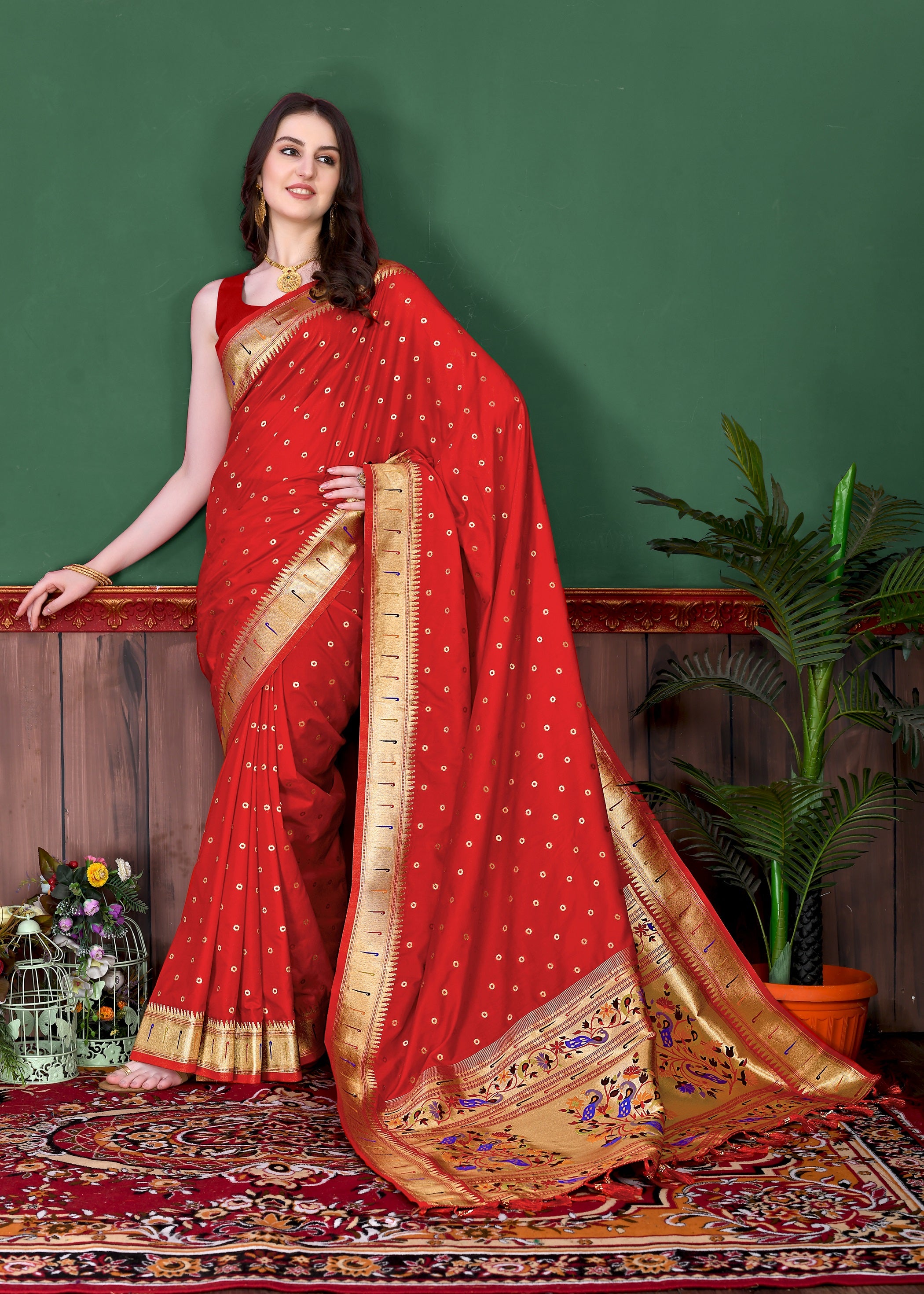 Vedant Vastram Soft Litchi Silk Paithani Silk Saree - Red - Distacart