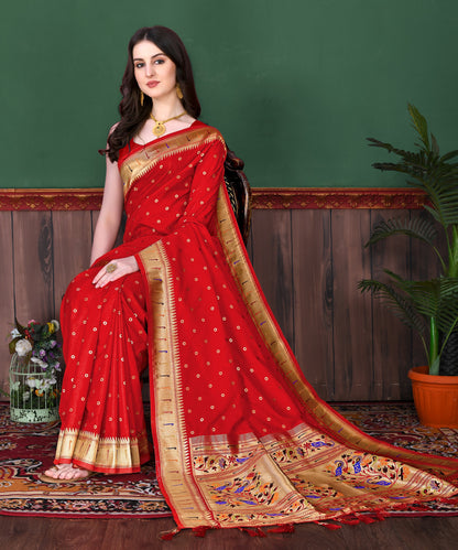Vedant Vastram Soft Litchi Silk Paithani Silk Saree - Red - Distacart