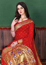 Thumbnail for Vedant Vastram Soft Litchi Silk Paithani Silk Saree - Red - Distacart
