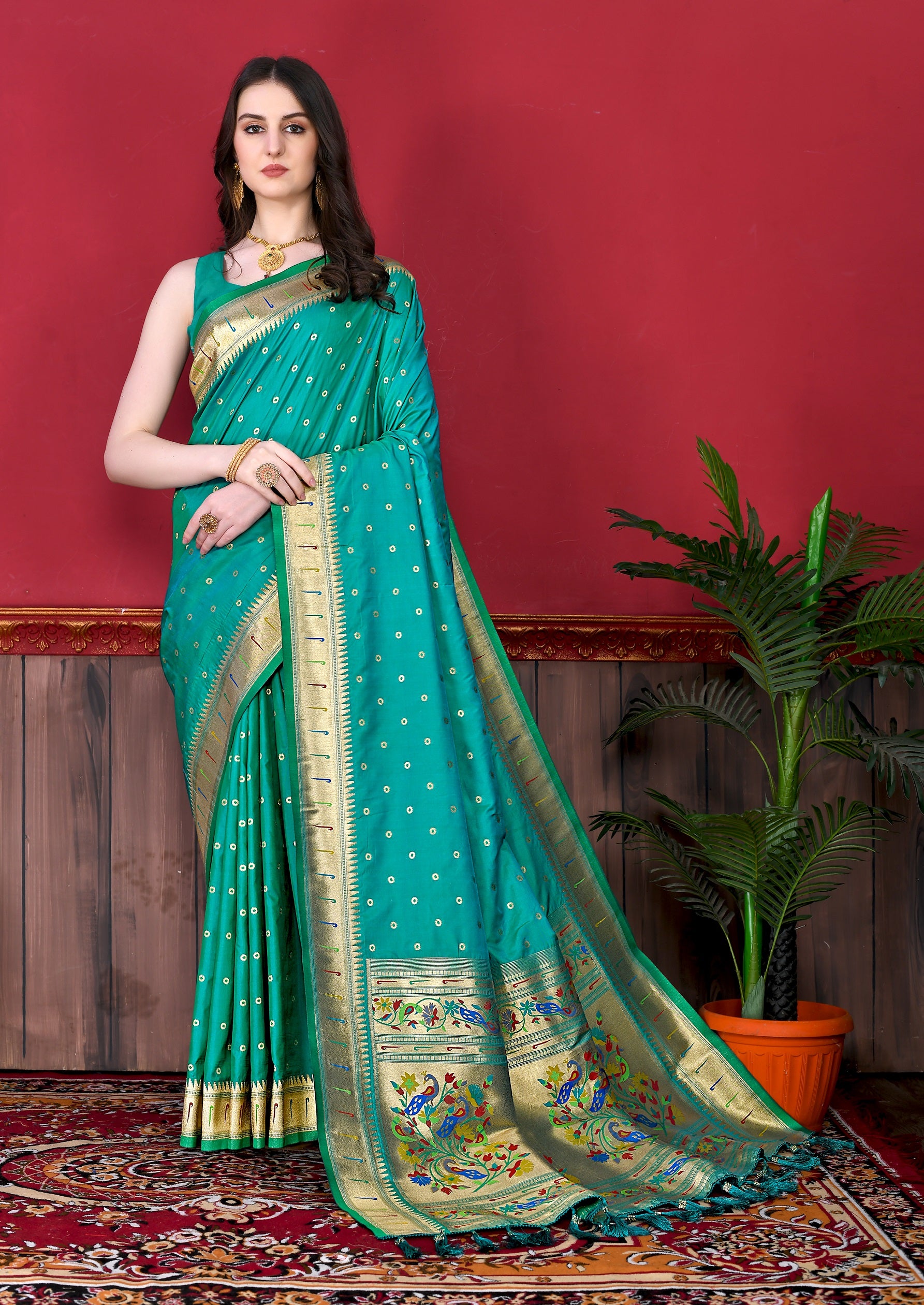 Vedant Vastram Soft Litchi Silk Paithani Silk Saree - Seegreen - Distacart