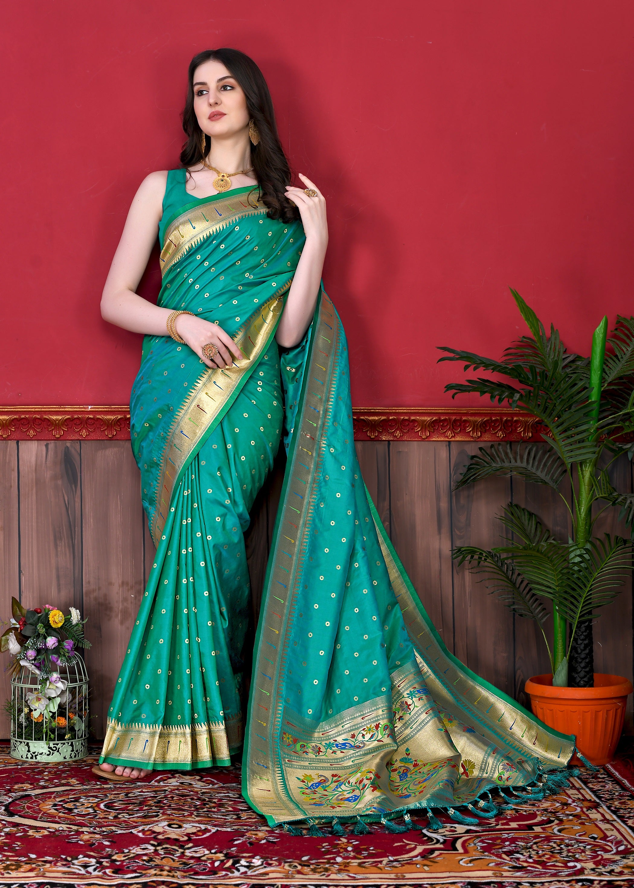 Vedant Vastram Soft Litchi Silk Paithani Silk Saree - Seegreen - Distacart