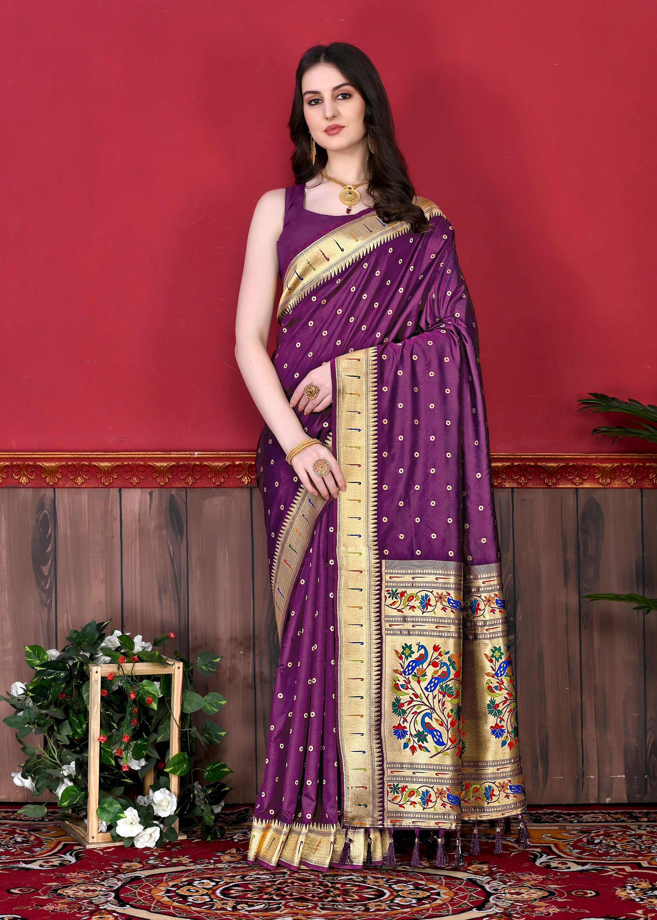 Vedant Vastram Soft Litchi Silk Paithani Silk Saree - Wine - Distacart