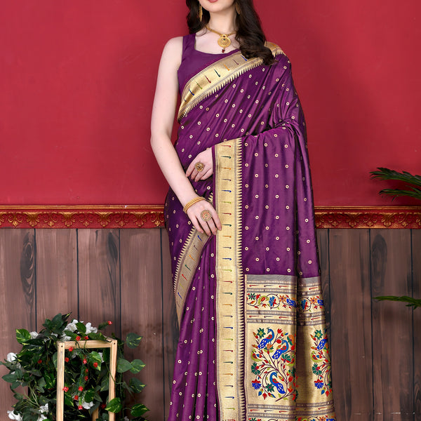 Vedant Vastram Soft Litchi Silk Paithani Silk Saree - Wine - Distacart