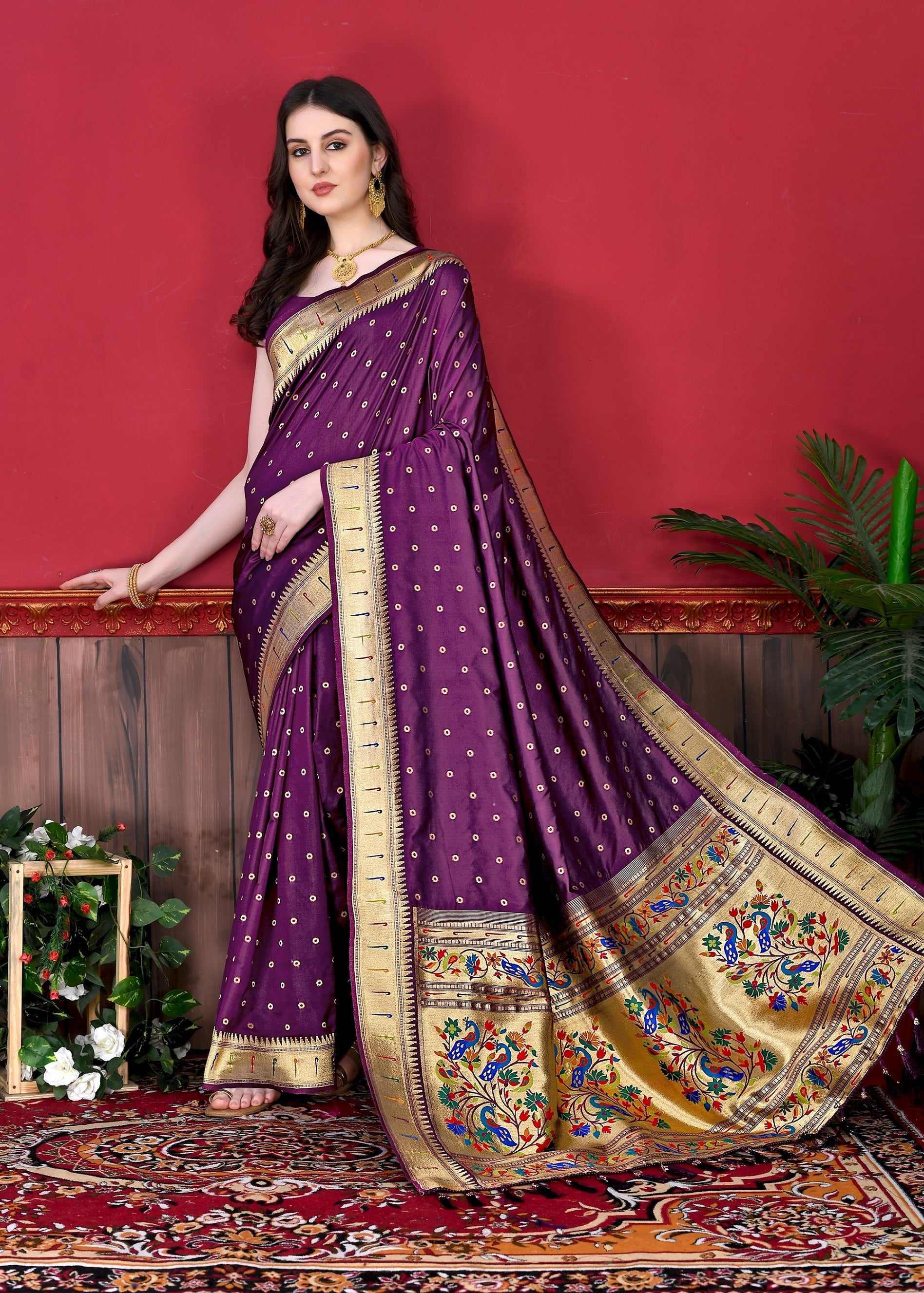 Vedant Vastram Soft Litchi Silk Paithani Silk Saree - Wine - Distacart