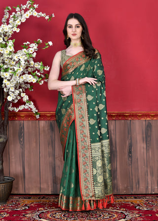 Vedant Vastram Soft Litchi Silk Kanjeevaram Saree - Bottle Green - Distacart