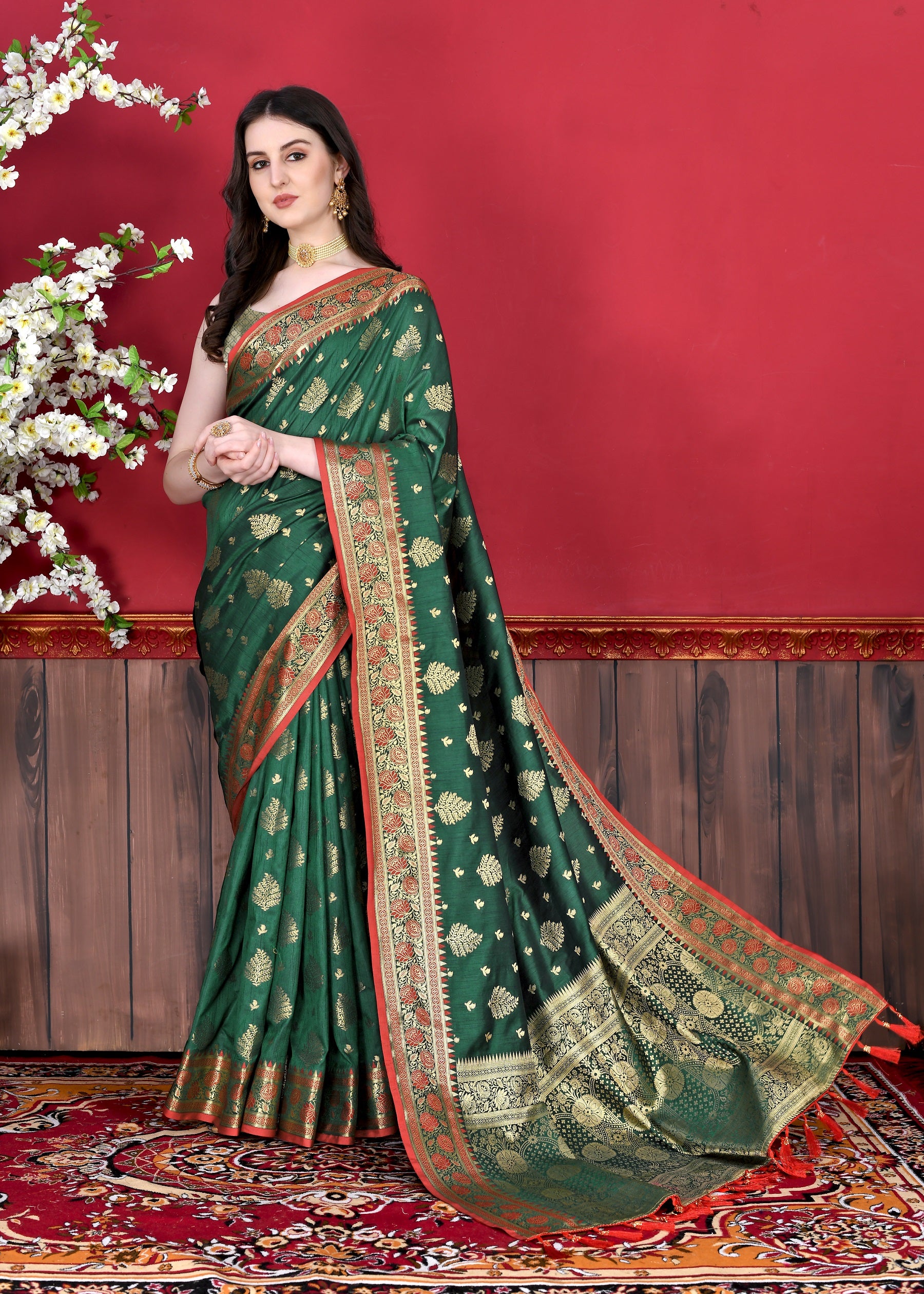 Vedant Vastram Soft Litchi Silk Kanjeevaram Saree - Bottle Green - Distacart