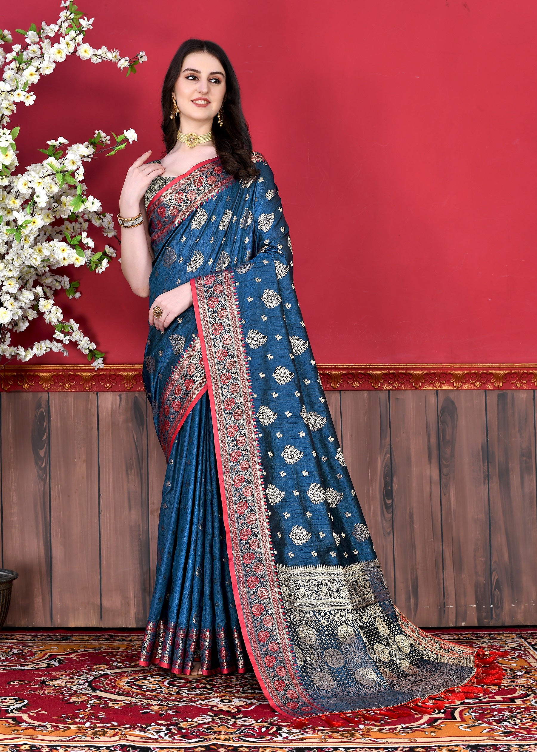 Vedant Vastram Soft Litchi Silk Kanjeevaram Saree - Navy - Distacart