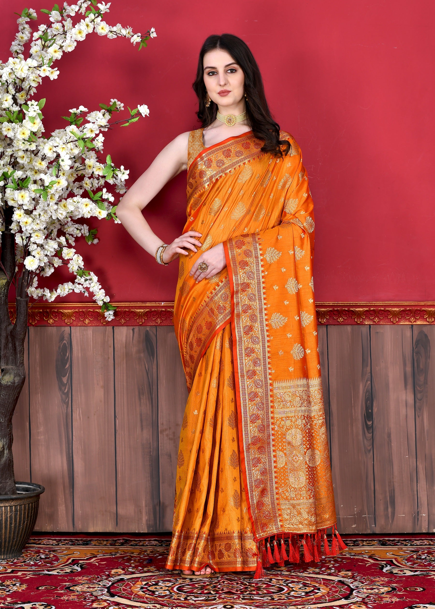 Vedant Vastram Soft Litchi Silk Kanjeevaram Saree - Orange - Distacart
