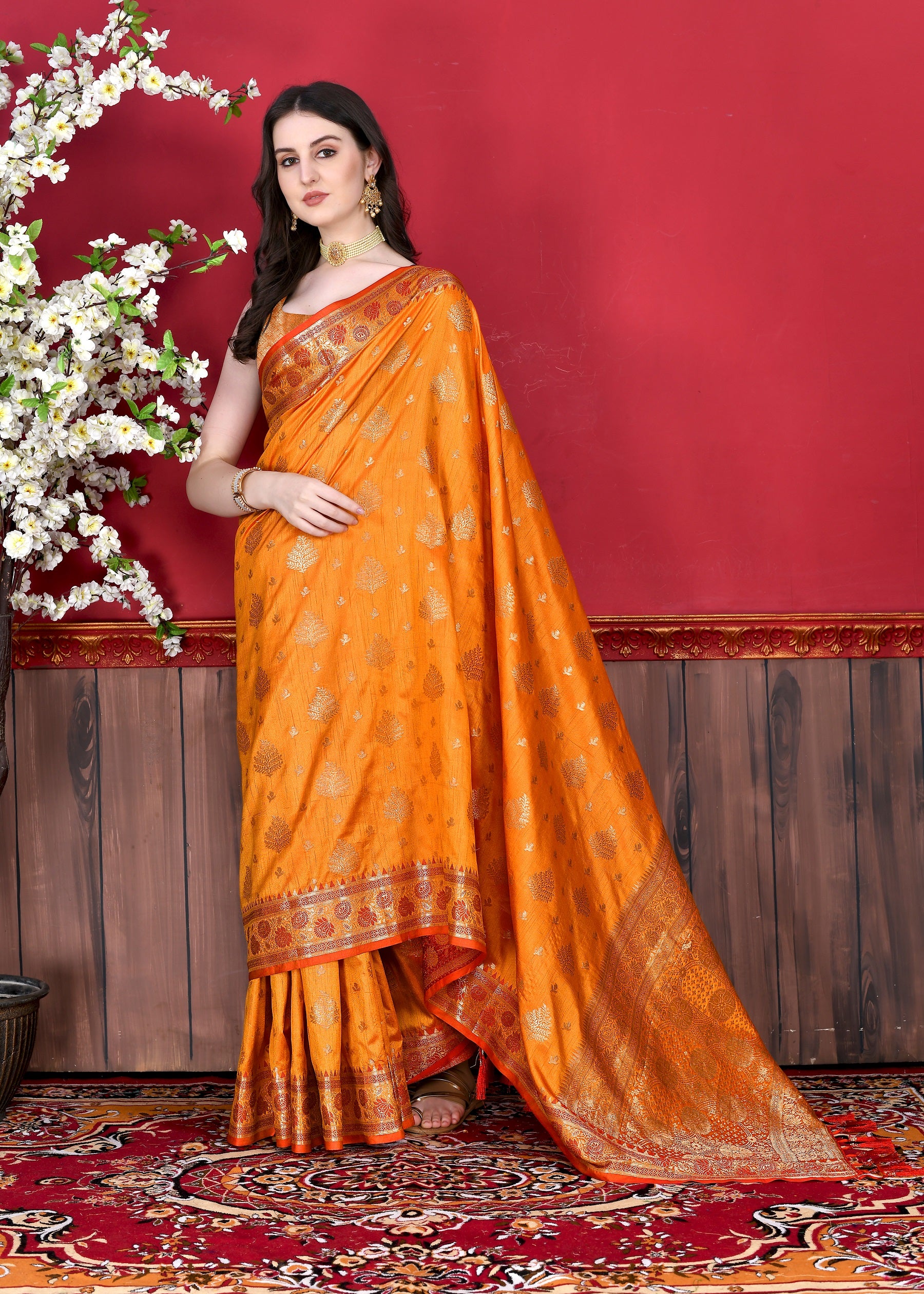 Vedant Vastram Soft Litchi Silk Kanjeevaram Saree - Orange - Distacart