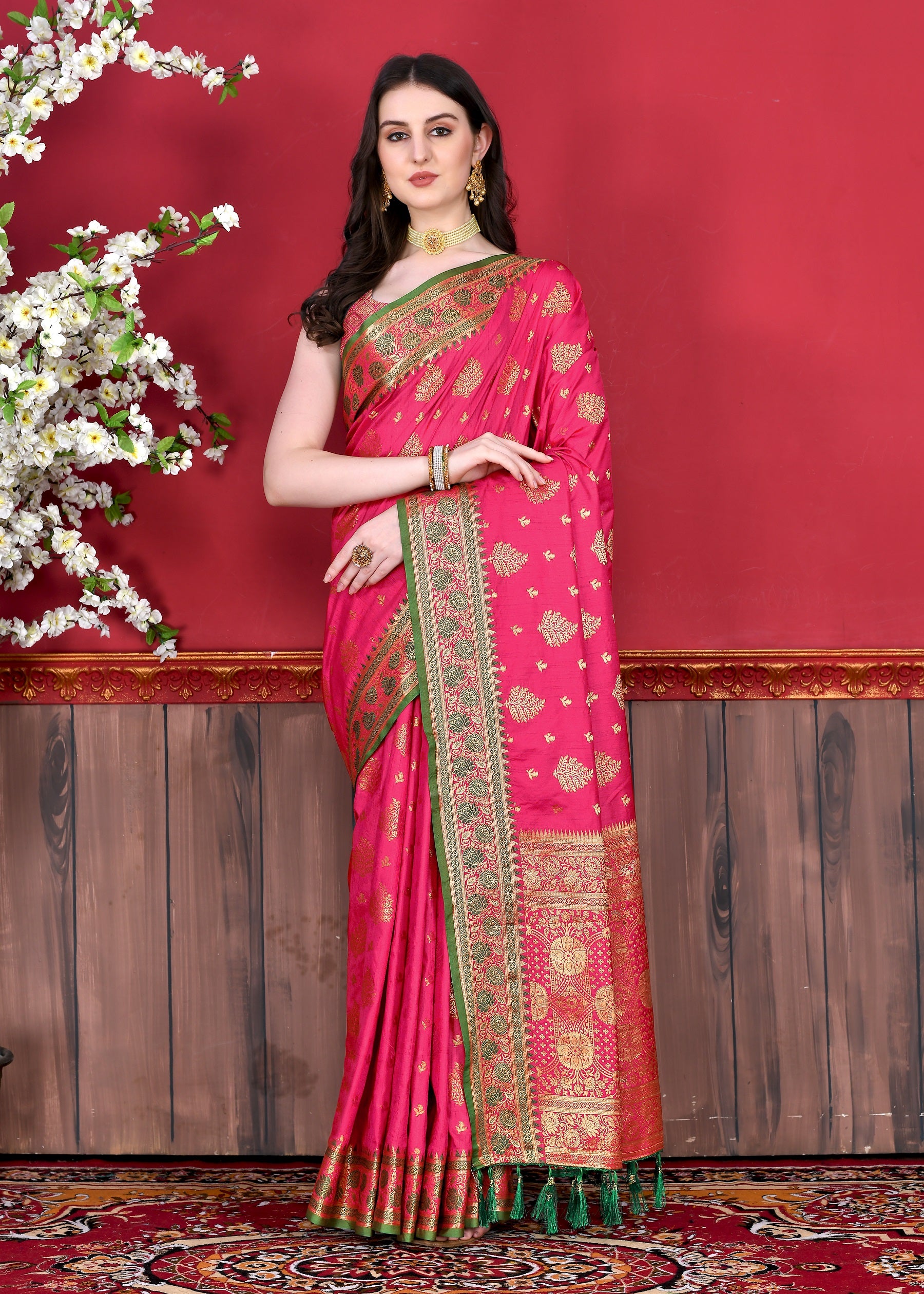 Vedant Vastram Soft Litchi Silk Kanjeevaram Saree - Pink - Distacart