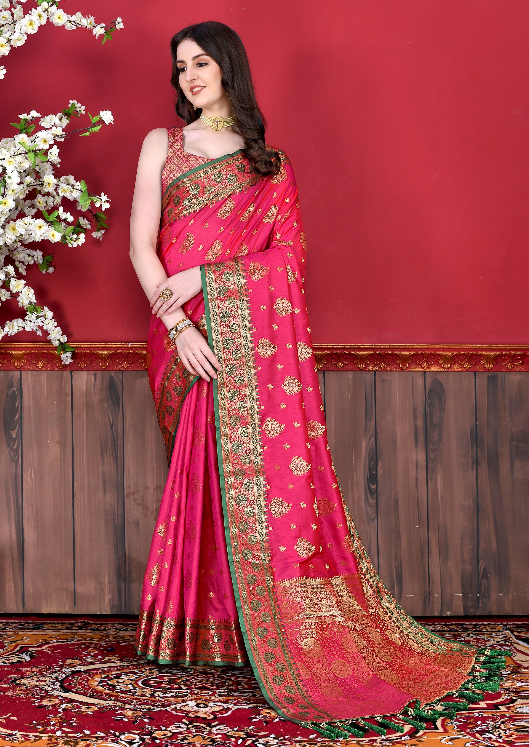 Vedant Vastram Soft Litchi Silk Kanjeevaram Saree - Pink - Distacart