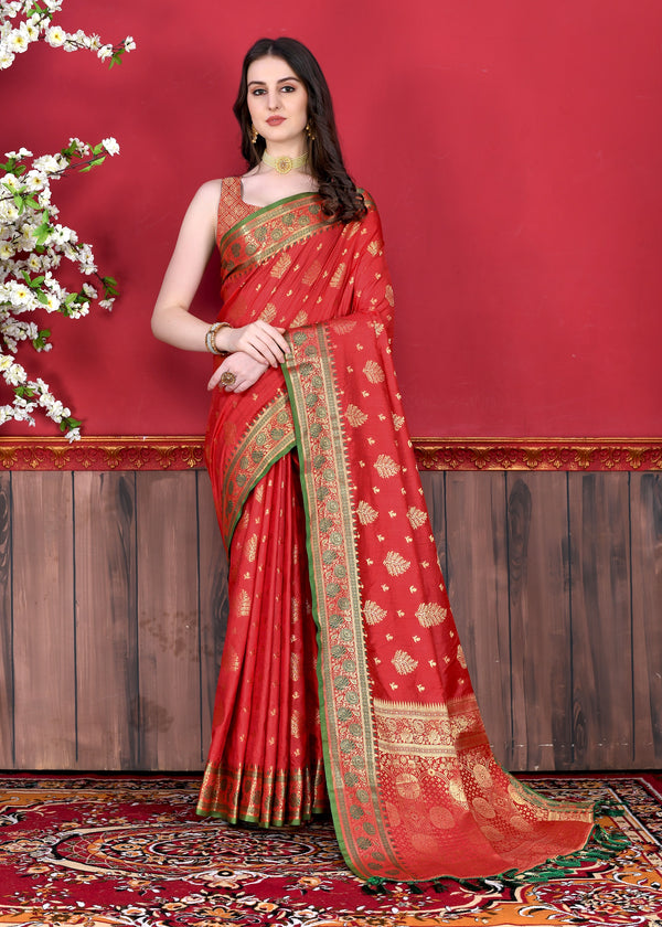 Vedant Vastram Soft Litchi Silk Kanjeevaram Saree - Red - Distacart