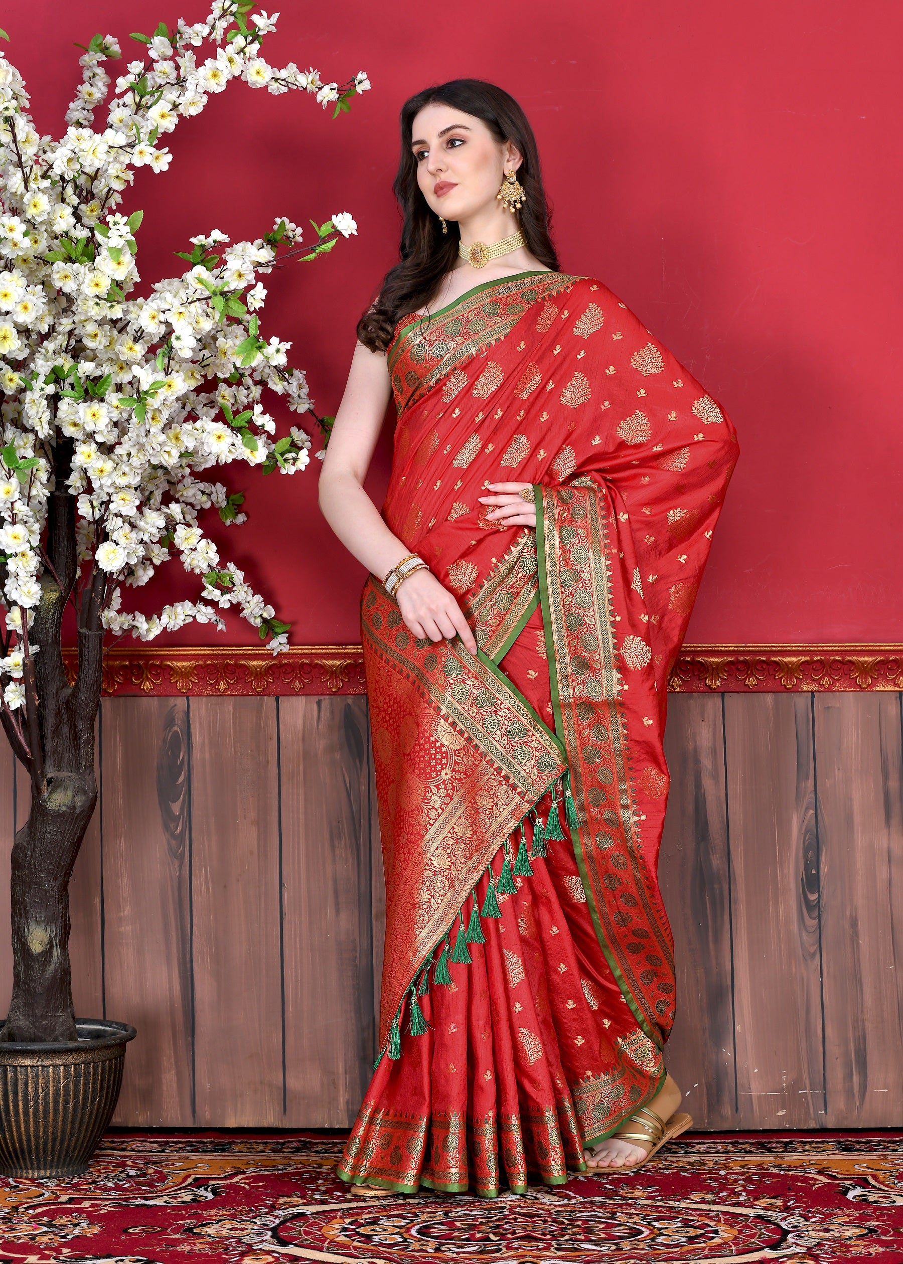 Vedant Vastram Soft Litchi Silk Kanjeevaram Saree - Red - Distacart