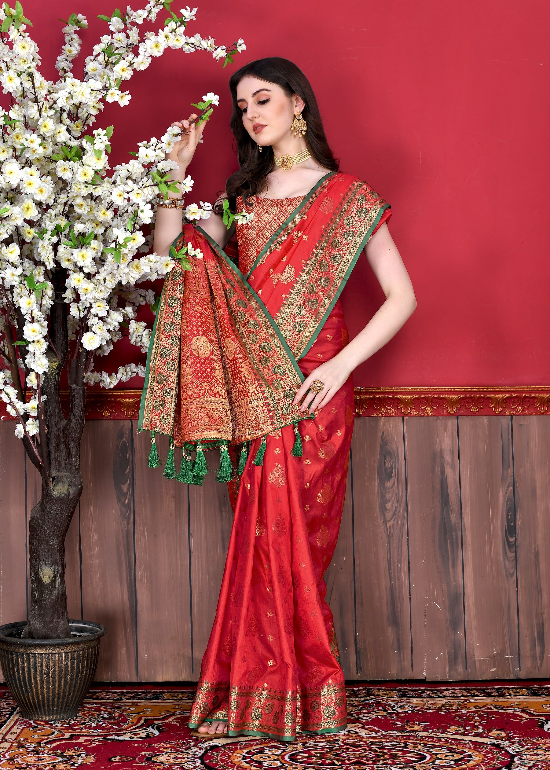 Vedant Vastram Soft Litchi Silk Kanjeevaram Saree - Red - Distacart