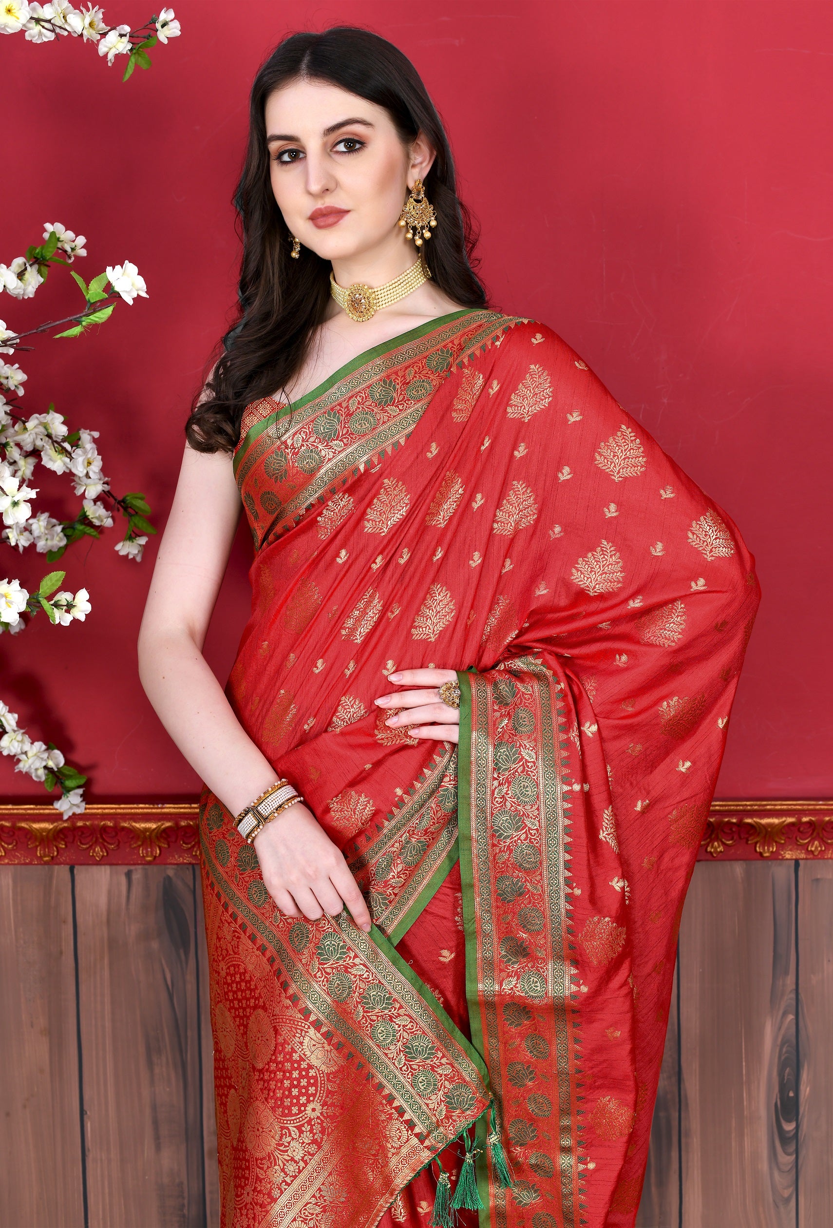 Vedant Vastram Soft Litchi Silk Kanjeevaram Saree - Red - Distacart