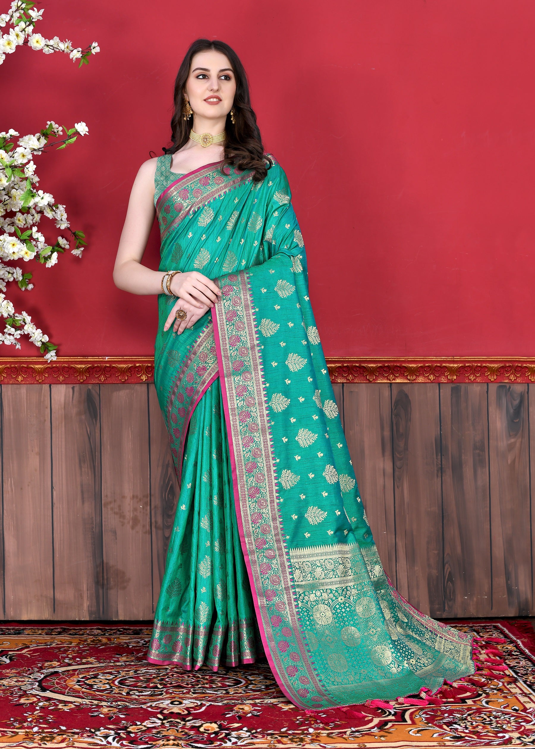 Vedant Vastram Soft Litchi Silk Kanjeevaram Saree - Seegreen - Distacart