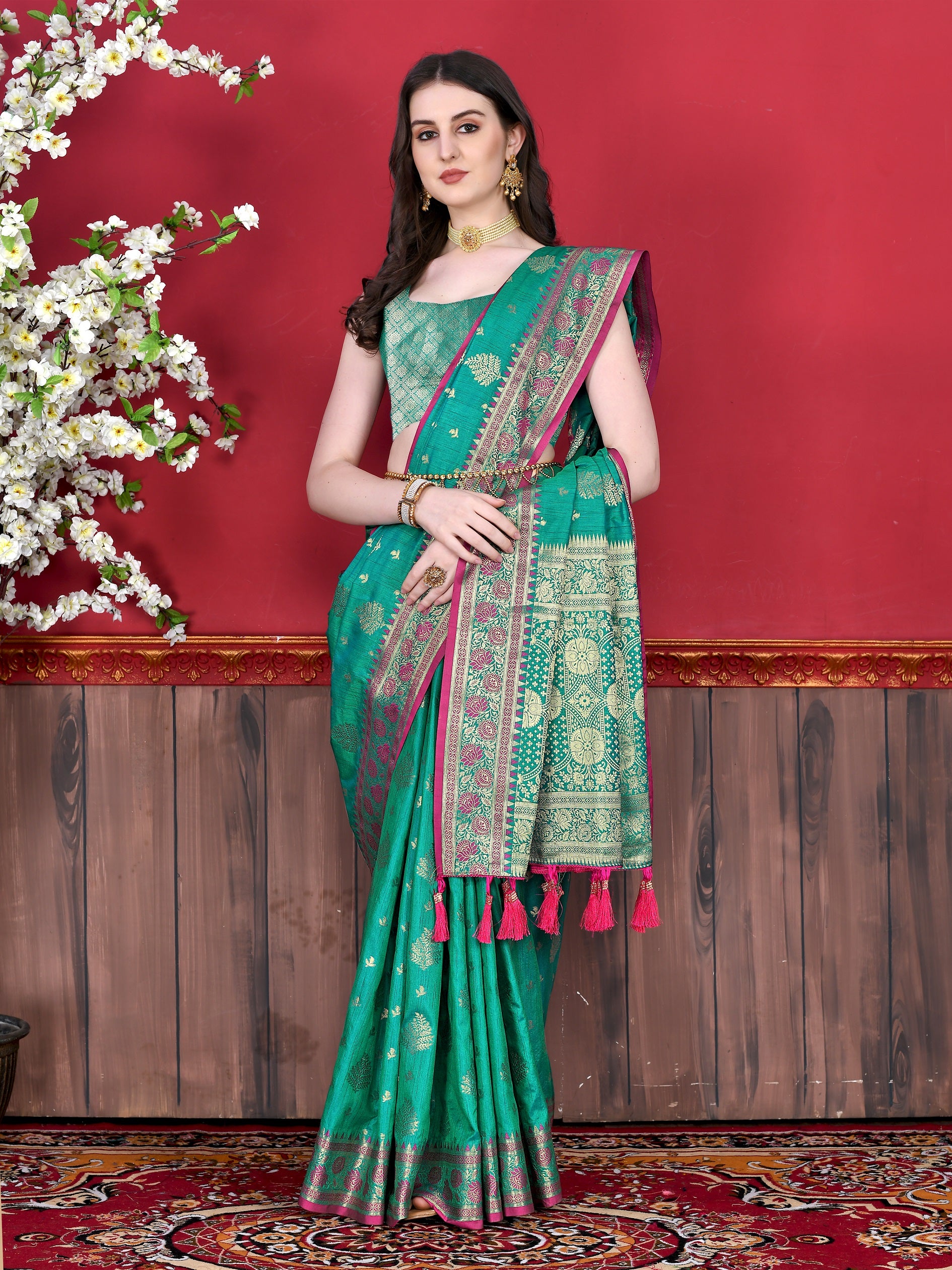 Vedant Vastram Soft Litchi Silk Kanjeevaram Saree - Seegreen - Distacart