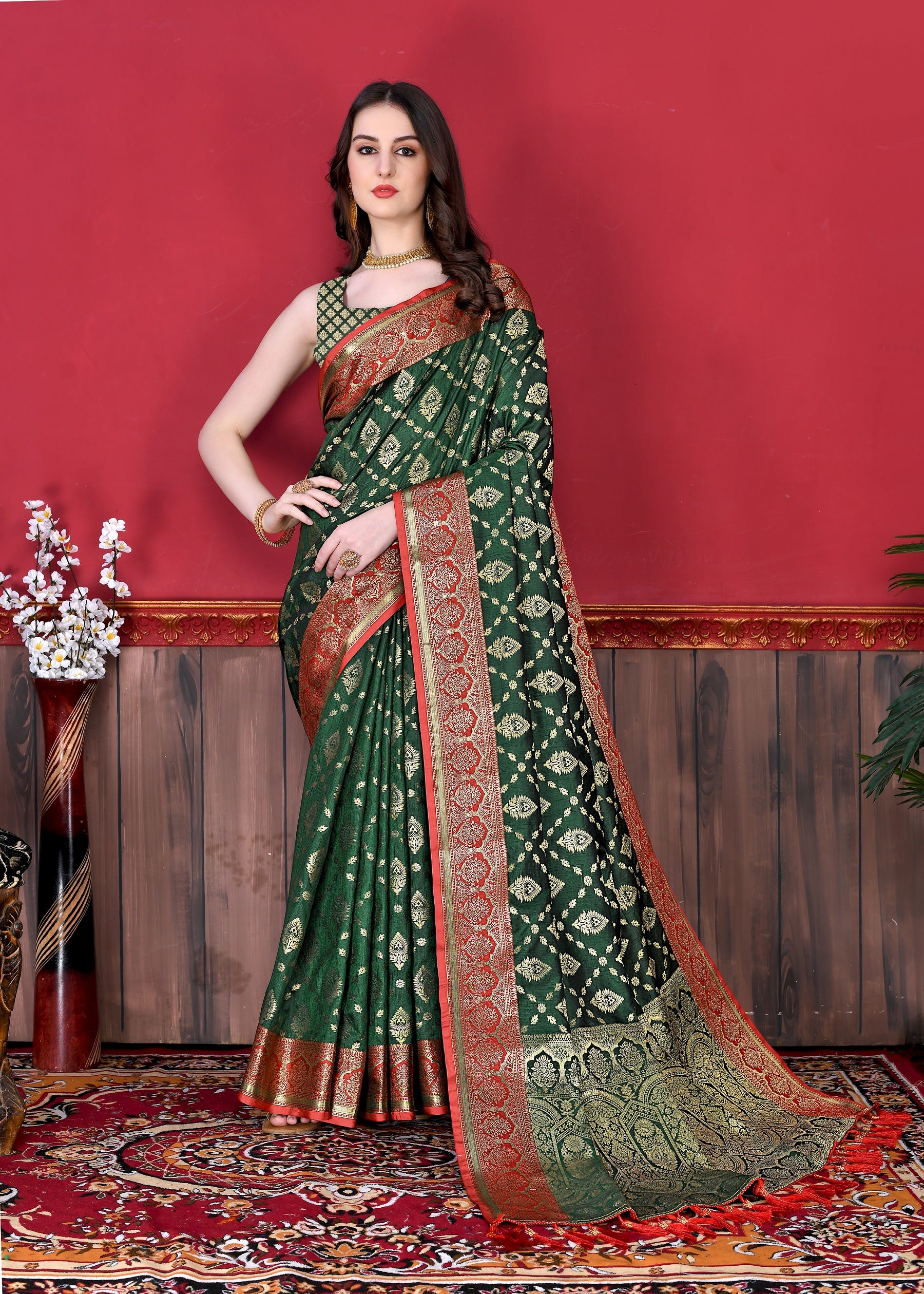 Vedant Vastram Soft Litchi Silk Kanjeevaram Saree - Bottle Green - Distacart