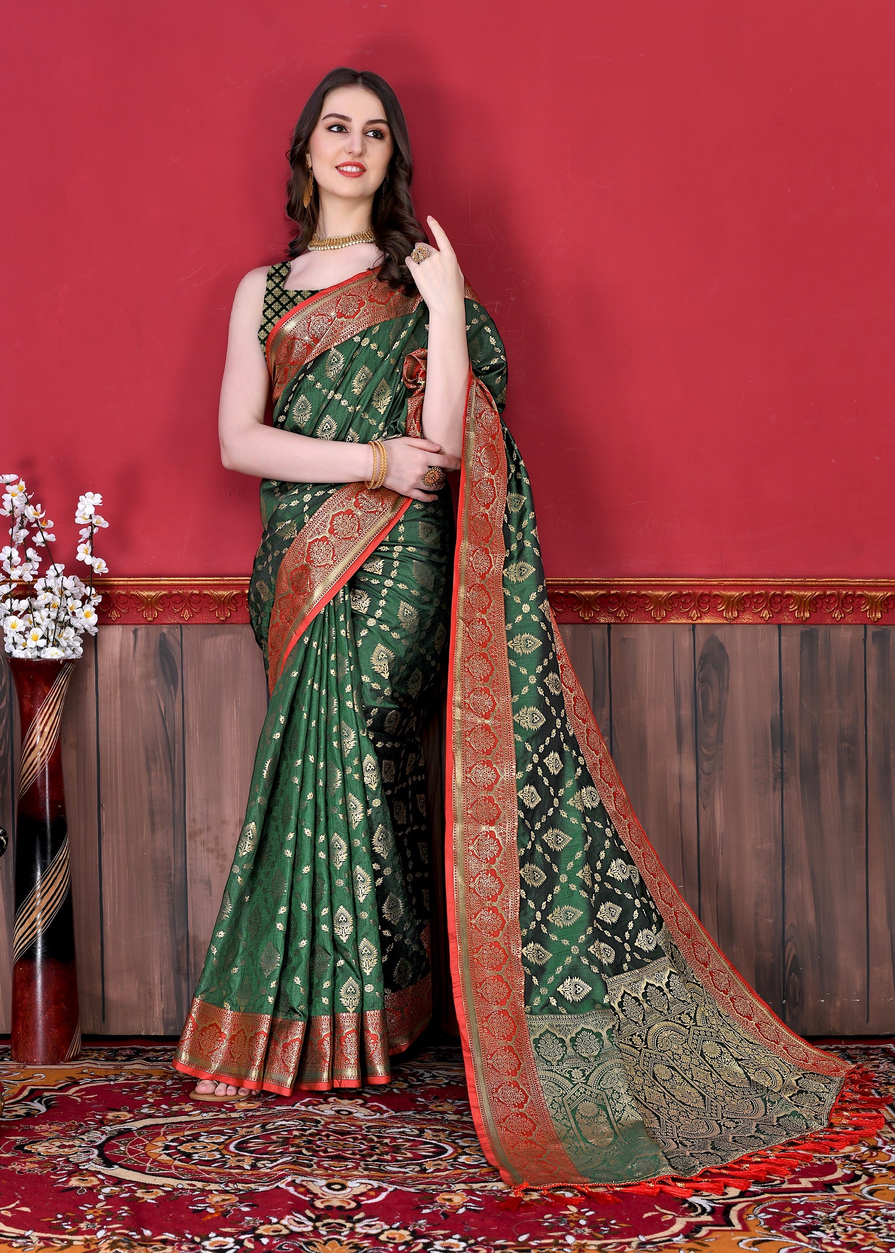 Vedant Vastram Soft Litchi Silk Kanjeevaram Saree - Bottle Green - Distacart