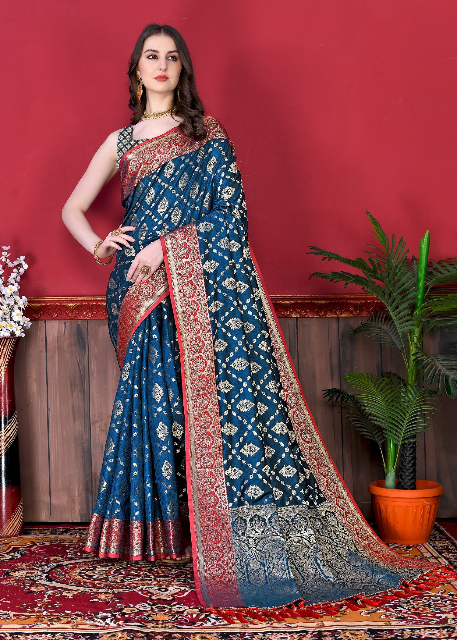 Vedant Vastram Soft Litchi Silk Kanjeevaram Saree - Navy - Distacart