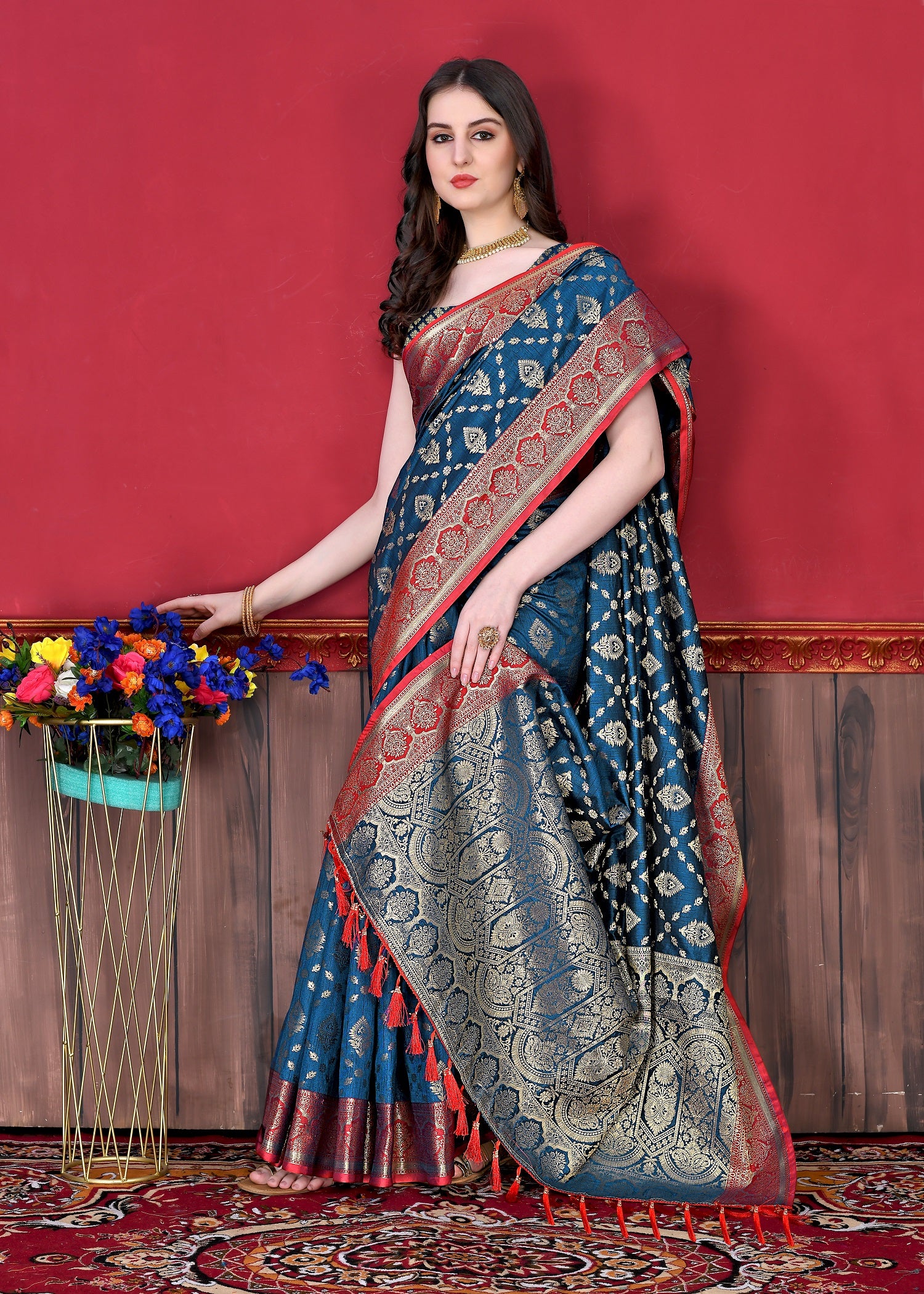 Vedant Vastram Soft Litchi Silk Kanjeevaram Saree - Navy - Distacart
