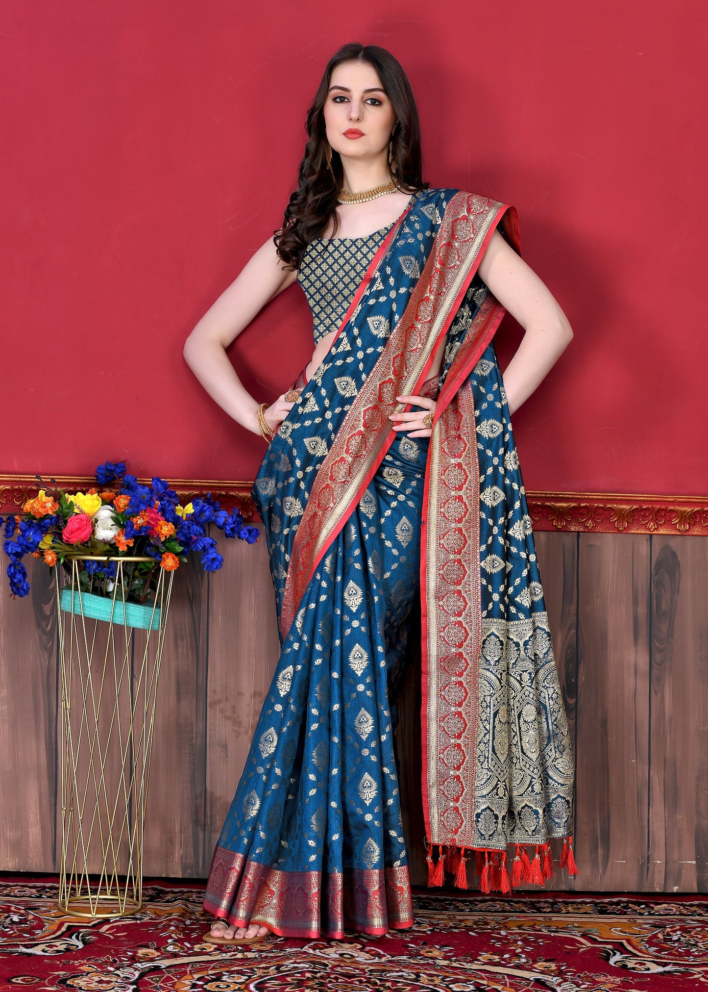 Vedant Vastram Soft Litchi Silk Kanjeevaram Saree - Navy - Distacart