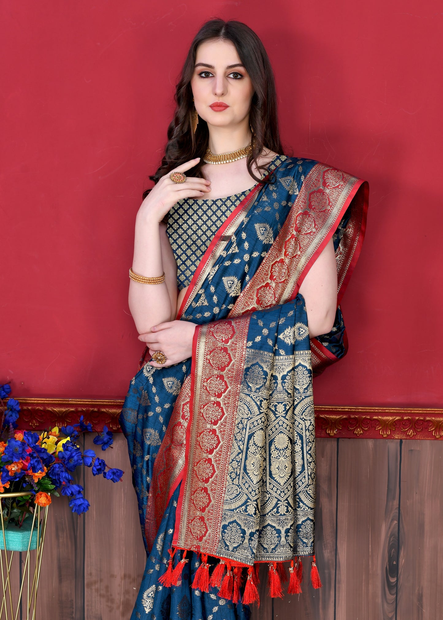 Vedant Vastram Soft Litchi Silk Kanjeevaram Saree - Navy - Distacart