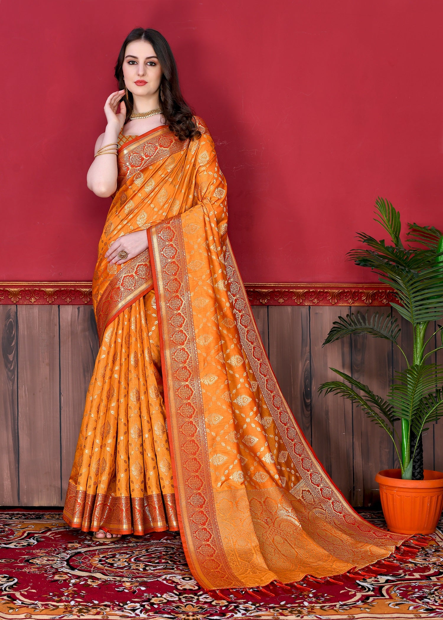 Vedant Vastram Soft Litchi Silk Kanjeevaram Saree - Orange - Distacart