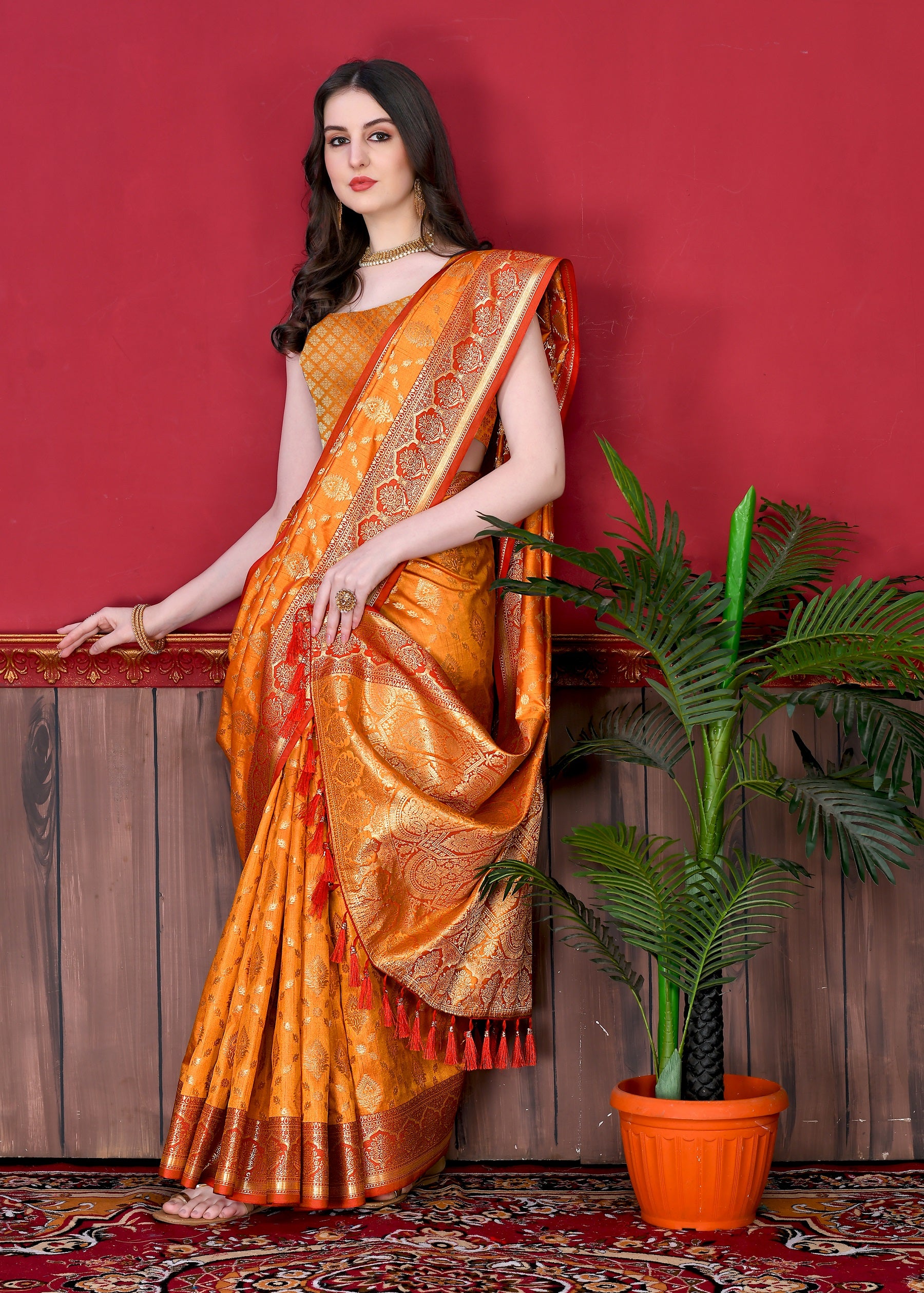 Vedant Vastram Soft Litchi Silk Kanjeevaram Saree - Orange - Distacart