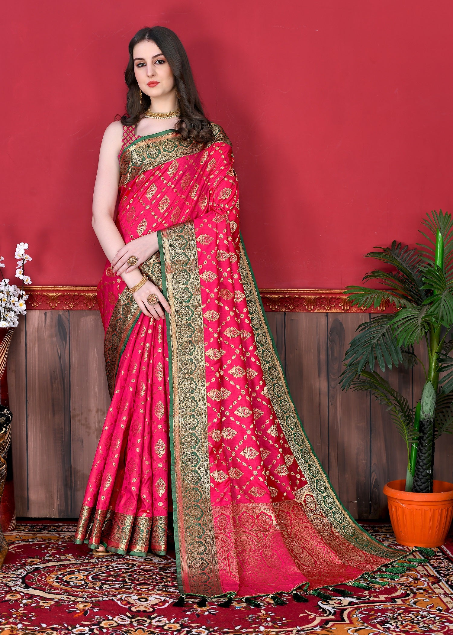 Vedant Vastram Soft Litchi Silk Kanjeevaram Saree - Pink - Distacart