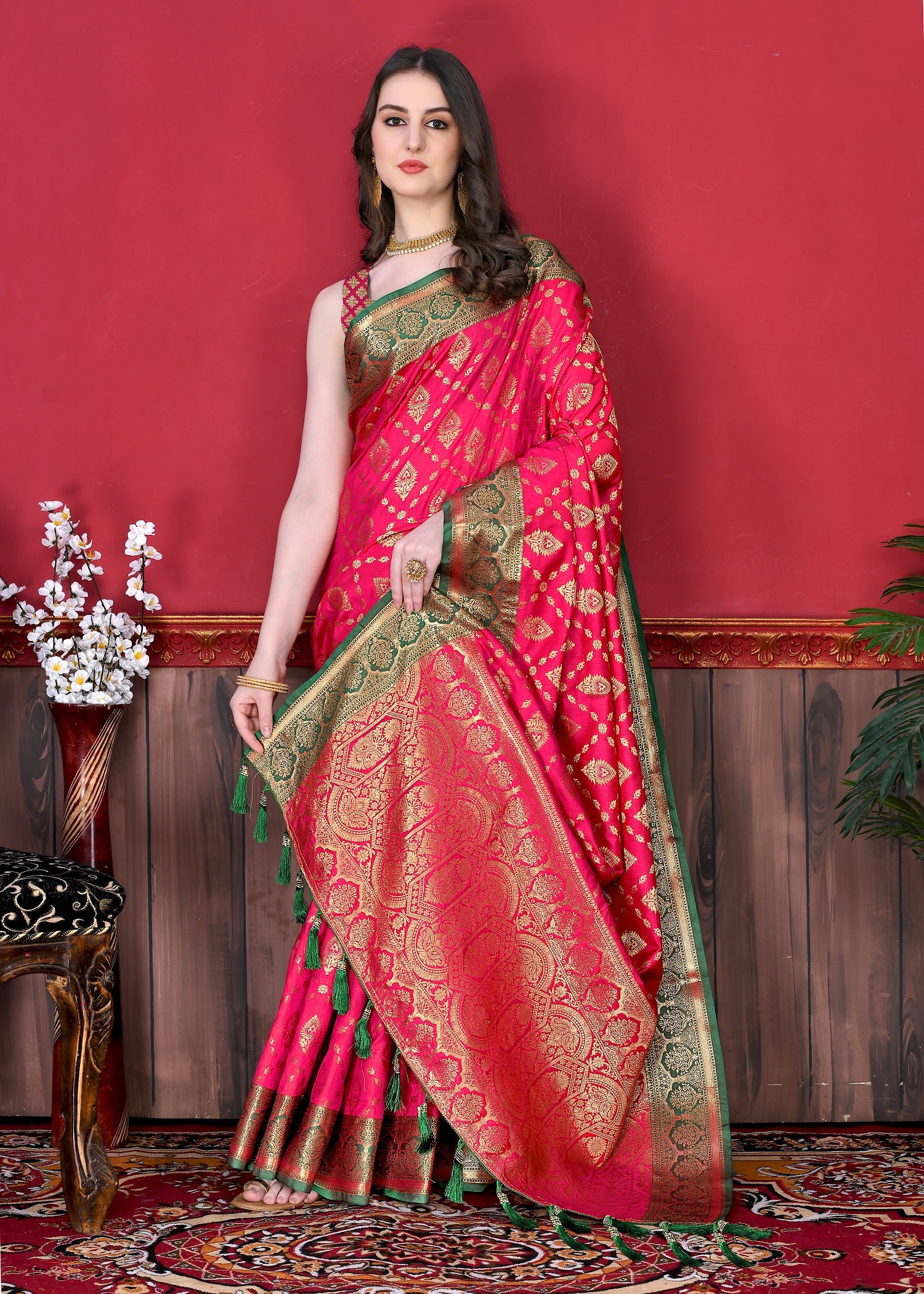 Vedant Vastram Soft Litchi Silk Kanjeevaram Saree - Pink - Distacart